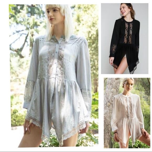 𝅺TUNIC w/ Lace Trim china collar & Shark bite Hem - Picture 1 of 15